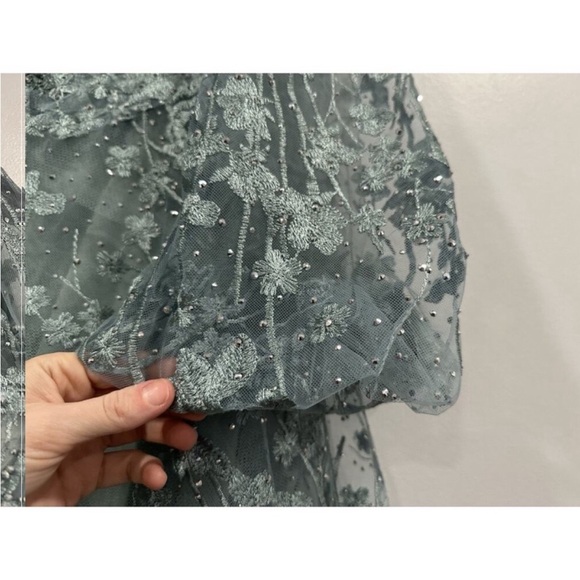 Mac Duggal 20512 Green V-Neck Mesh Puff Sleeve Embellished Tea Length Dress 6 - Picture 5 of 7